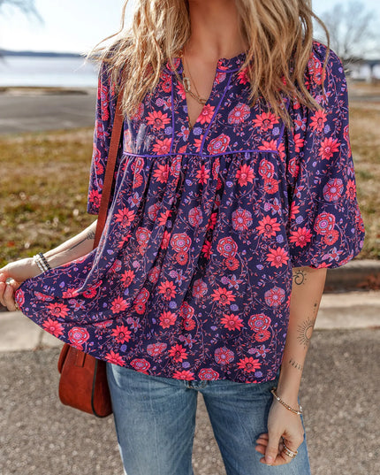 Floral Half Sleeve Split Neck Blouse Top