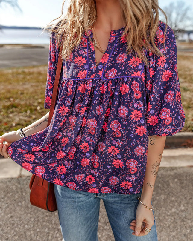 Floral Half Sleeve Split Neck Blouse Top