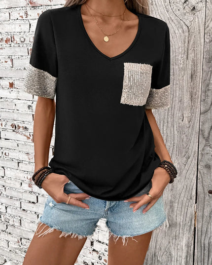 Sequin V-Neck Short Sleeve T-Shirt