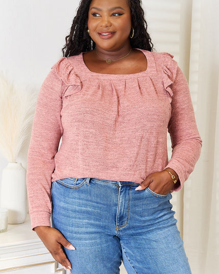 Double Take Square Neck Ruffle Shoulder Long Sleeve T-Shirt Dusty Pink