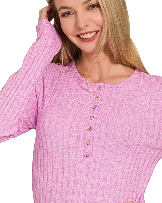 Zenana Ribbed Long Sleeve Half Button Top