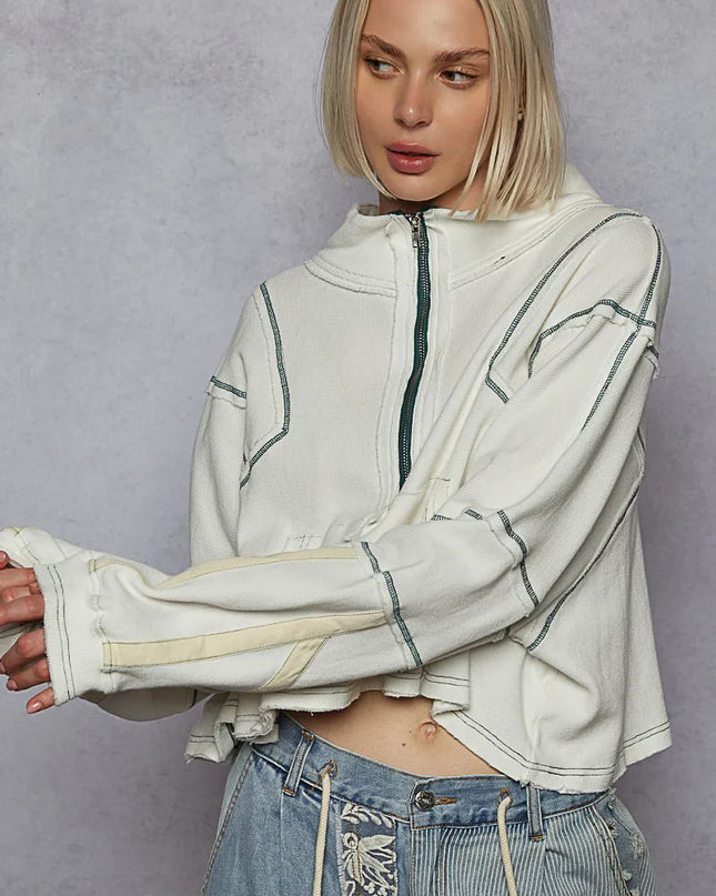 POL Contrast Stitching Zip Front Sweatshirt White