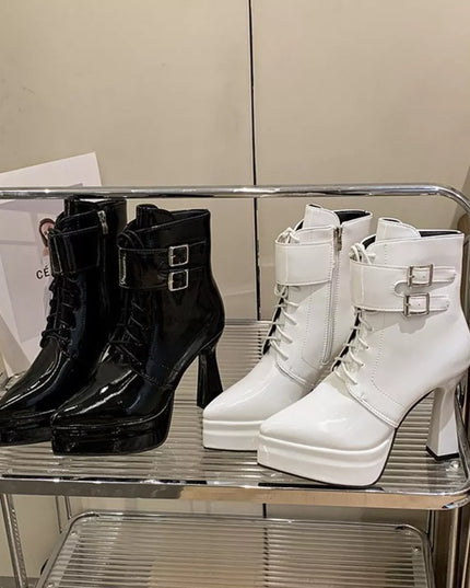 Lace Up Block Heels Boots