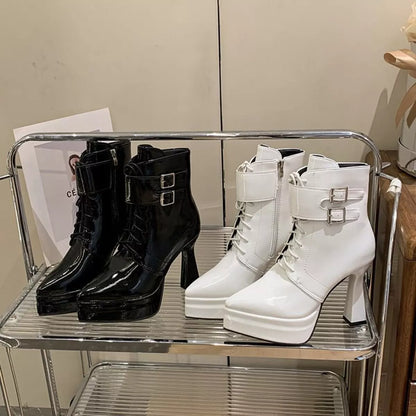 Lace Up Block Heels Boots