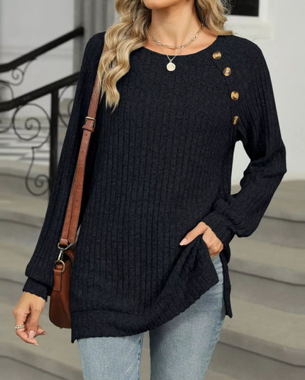 Ribbed Round Neck Long Sleeve T-Shirt
