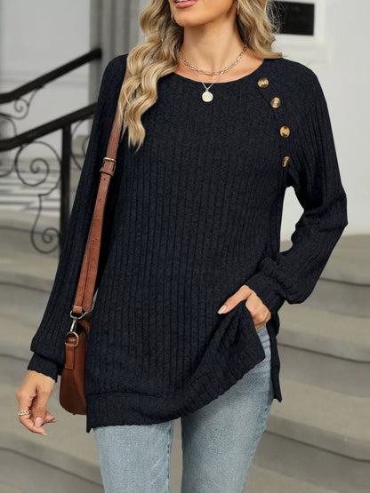Ribbed Round Neck Long Sleeve T-Shirt