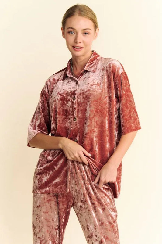 Davi & Dani Crushed Velvet Button Front Easy Lounge Shirt Top