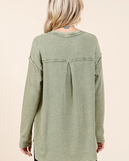 Mittoshop Mineral Wash Waffle Knit V-Neck Long Sleeve Top