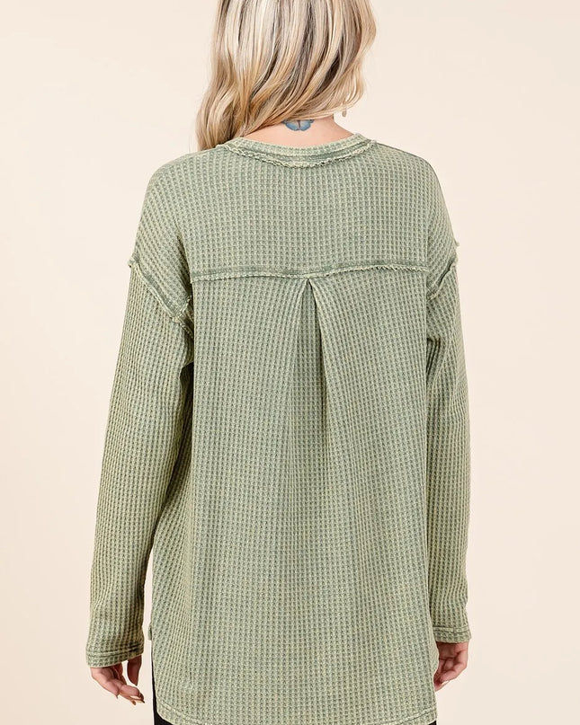 Mittoshop Mineral Wash Waffle Knit V-Neck Long Sleeve Top