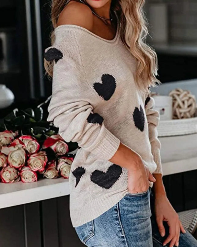 Heart Scoop Neck Long Sleeve Sweater