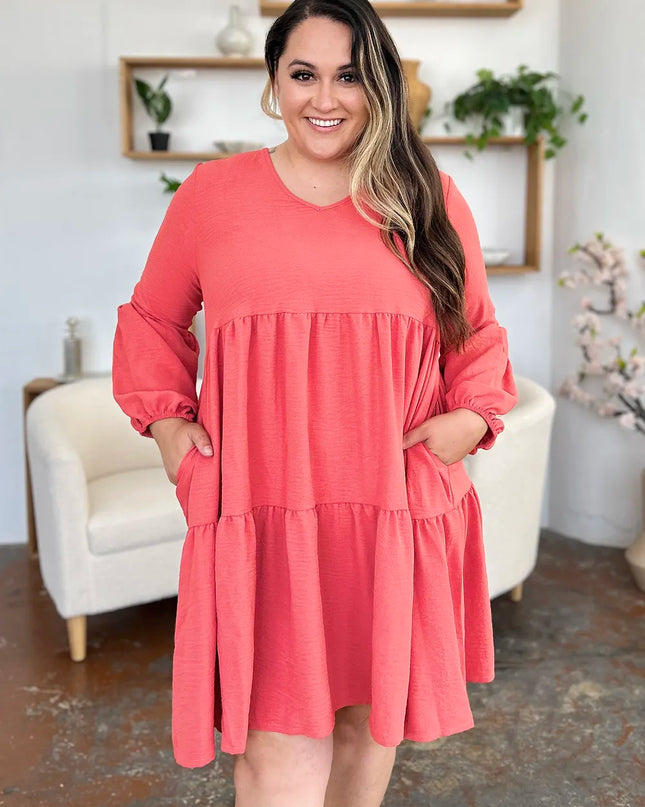 Double Take Full Size V-Neck Balloon Sleeve Tiered Dress with Pockets Coral