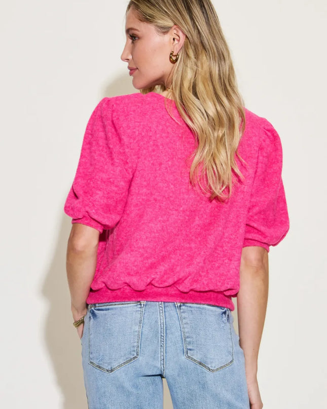 Zenana Round Neck Lantern Half Sleeve Sweater