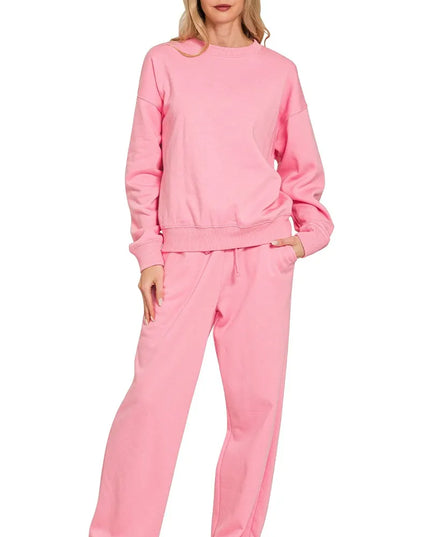 Zenana Fleece Long Sleeve Top and Sweatpants Set DK PINK
