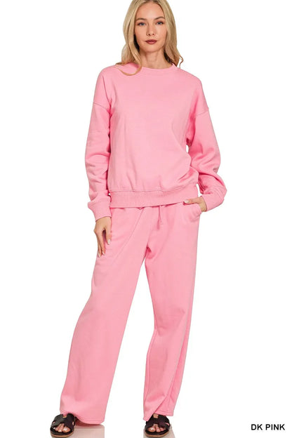 Zenana Fleece Long Sleeve Top and Sweatpants Set DK PINK
