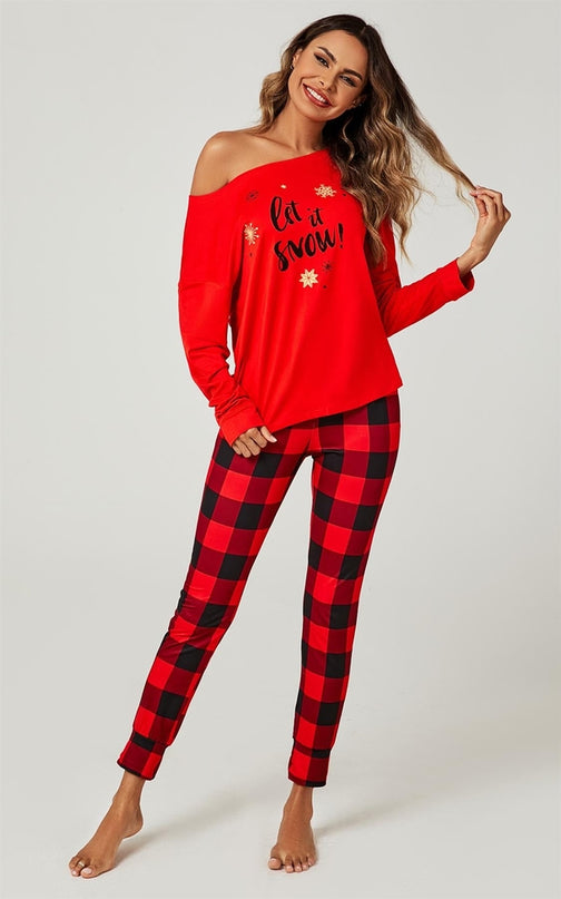 Let It Snow* Christmas Long Sleeve Sweatshirt Top & Trousers Co Ord in Red
