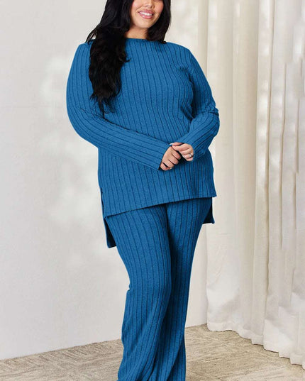 Basic Bae Full Size Ribbed High-Low Top and Wide Leg Pants Set