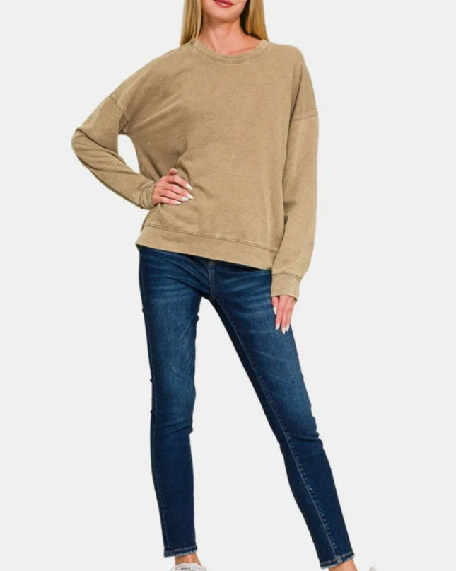 Zenana Washed Round Neck Dropped Shoulder Sweatshirt