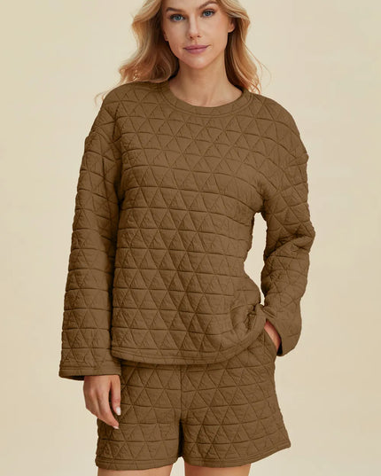 Double Take Full Size Texture Round Neck Long Sleeve Top and Shorts Set Coffee Brown
