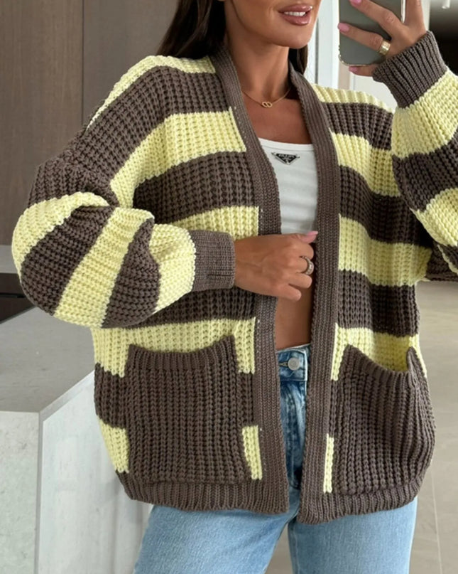 Striped Open Front Long Sleeve Cardigan