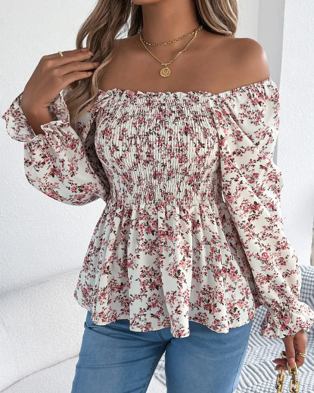 Floral Square Neck Flounce Sleeve Blouse 