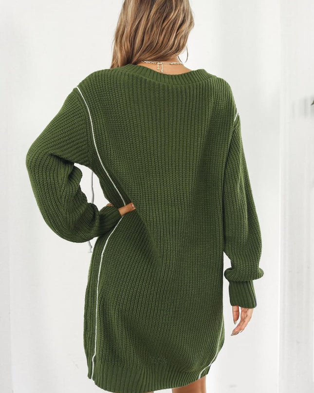Contrast V-Neck Sweater Dress