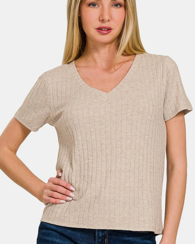 Zenana Ribbed Short Sleeve T-Shirt Ash Mocha