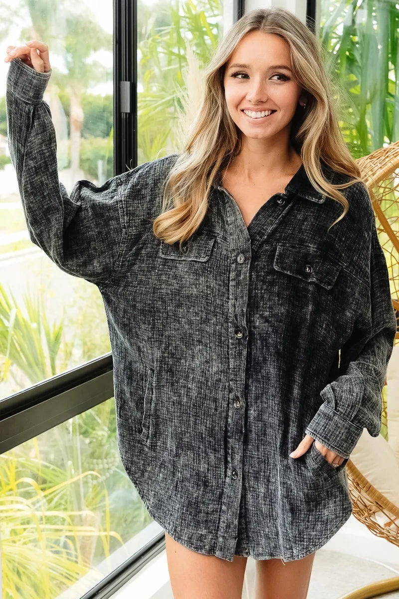 BiBi Vintage Washed Wrinkle Gauze Shacket