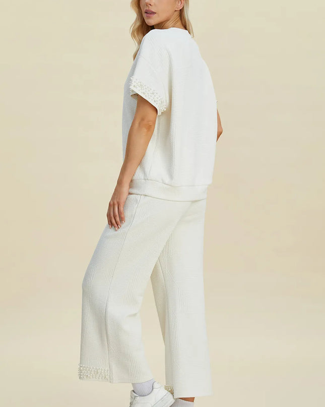 Double Take Full Size Pearl Detail Round Neck Top and Pants Set