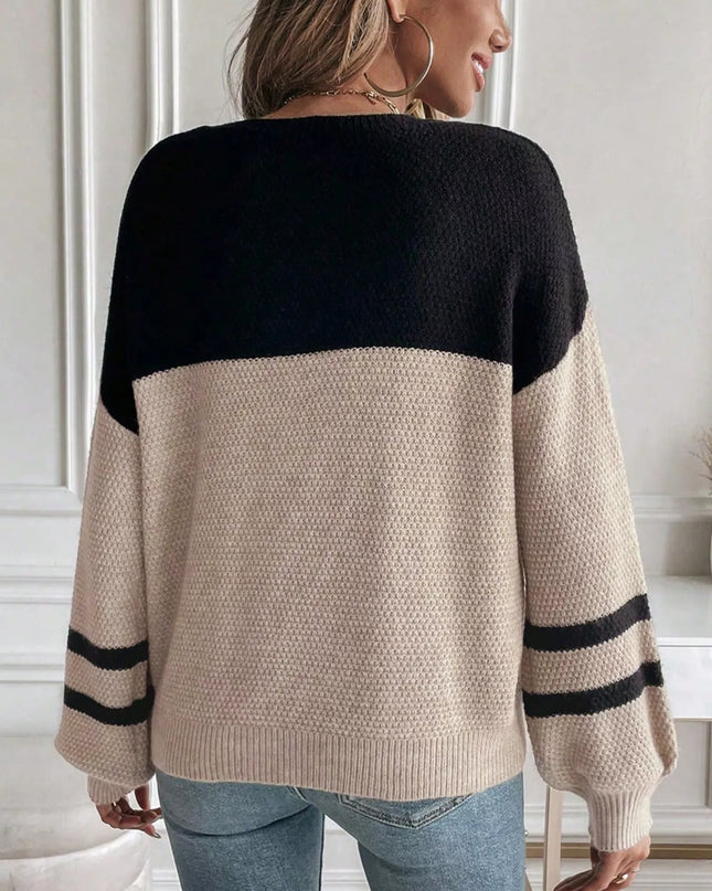 Color Block Knit Striped Sleeve Detail Casual Sweater