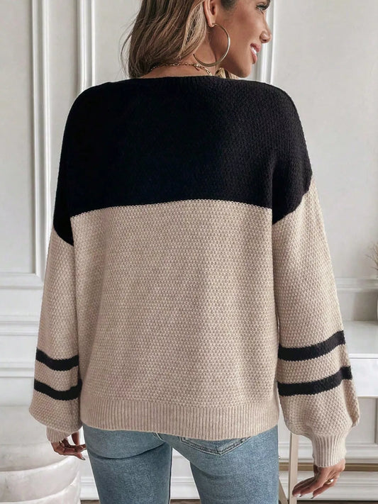 Color Block Knit Striped Sleeve Detail Casual Sweater