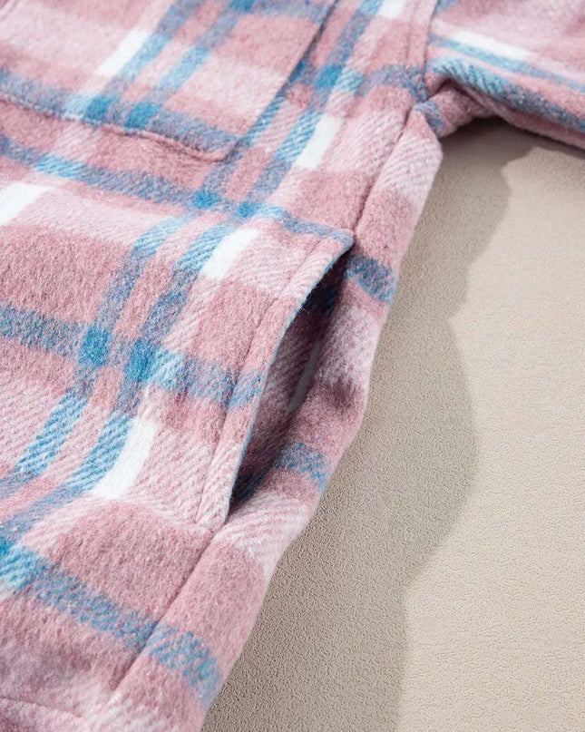 Plaid Collared Neck Flap Pockets Shacket