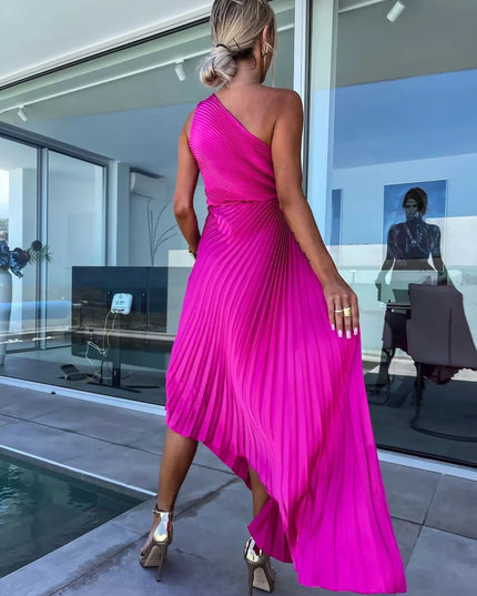 Full Size Single Shoulder Pleated Midi Dress Plus Size 