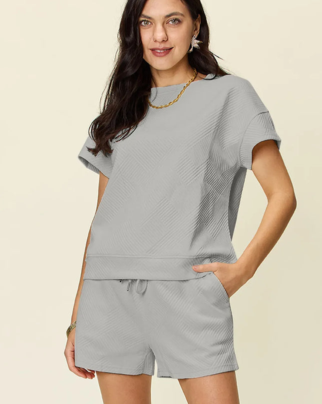 Double Take Full Size Texture Short Sleeve T-Shirt and Drawstring Shorts Set 