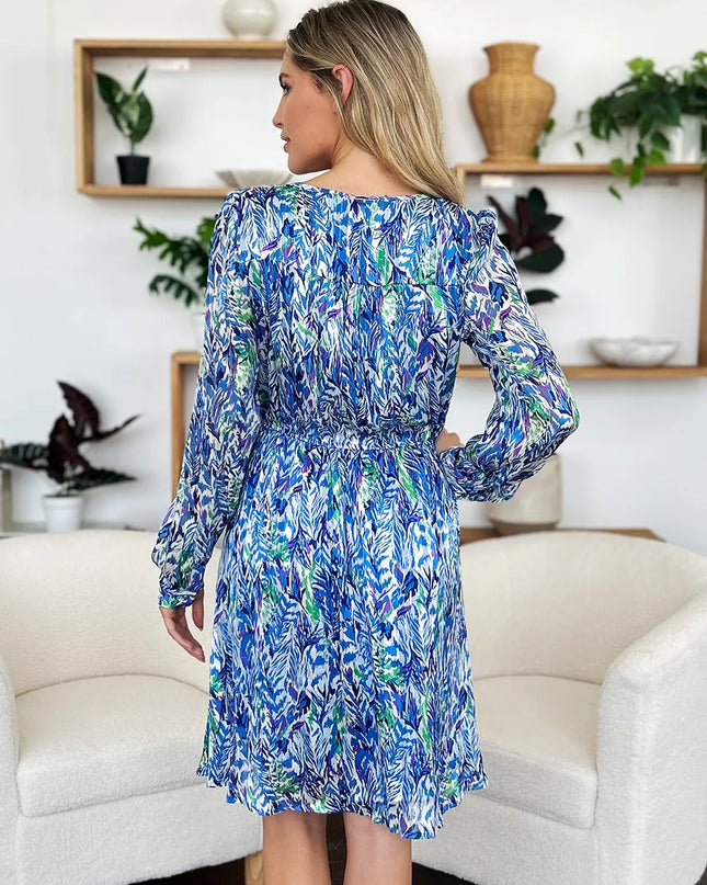 Double Take Full Size Printed Drawstring Waist Long Sleeve Dress