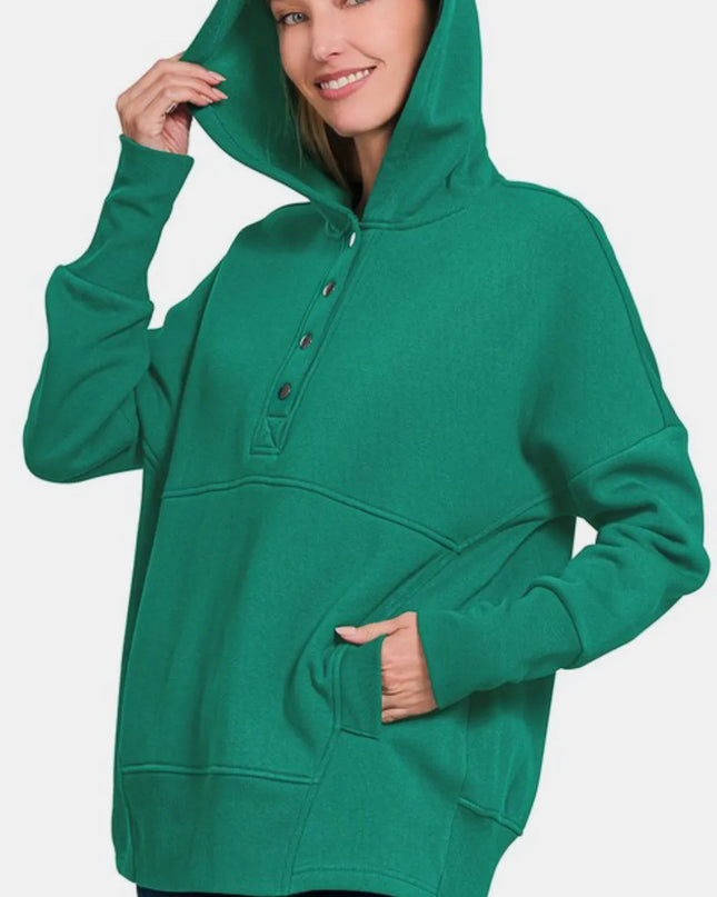 Zenana Half Snap Long Sleeve Hoodie with Kangaroo Pocket