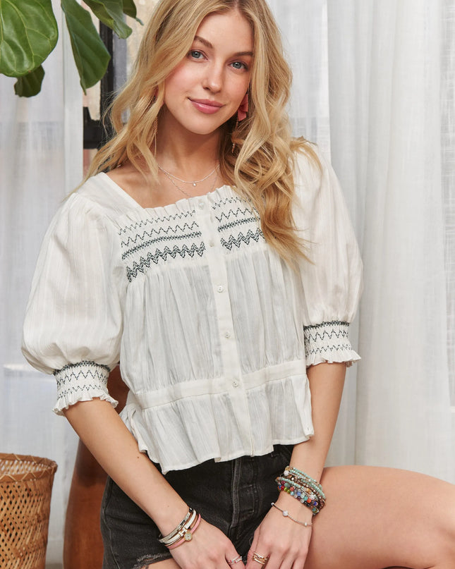 ADORA Smocked Puff Sleeve Peasant Blouse 