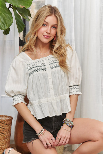ADORA Smocked Puff Sleeve Peasant Blouse 