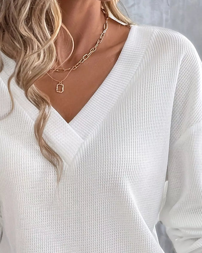 Plus Size V-Neck Long Sleeve Waffle Knit T-Shirt