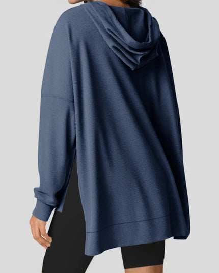 Slit Drawstring Waffle Knit Hoodie