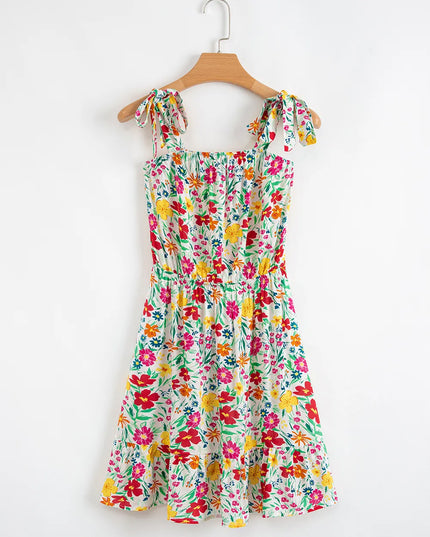 Floral Knotted Straps Cinched Waist Ruffle Hem Mini Dress