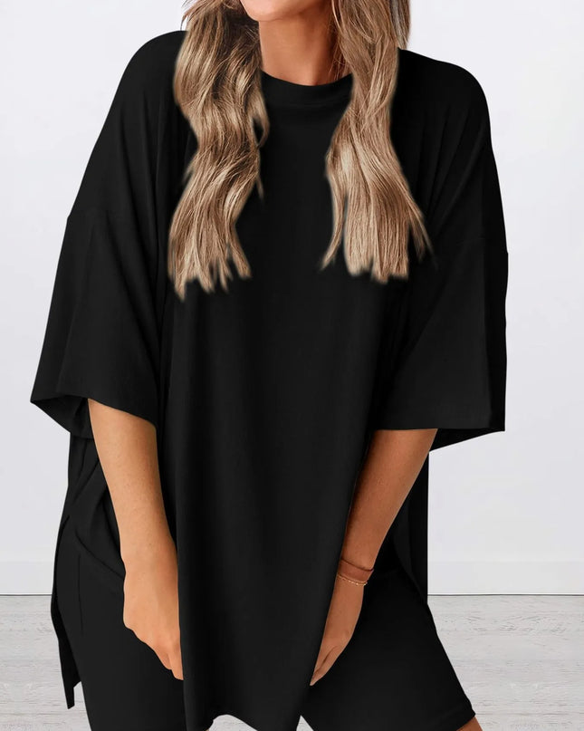Full Size Oversized Slit Round Neck Top and Shorts Lounge Set Plus Size 