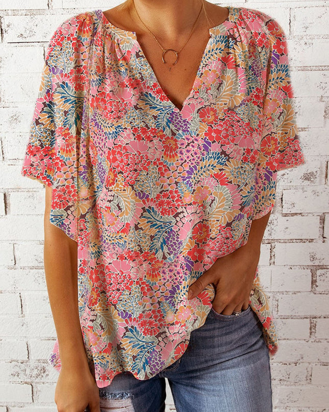 Floral Notched Neck Flutter Sleeve Blouse Floral
