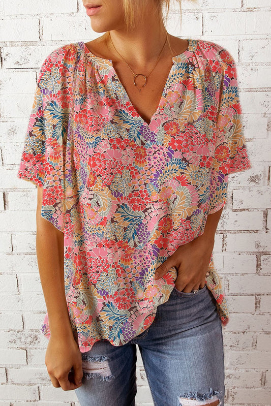 Floral Notched Neck Flutter Sleeve Blouse Floral