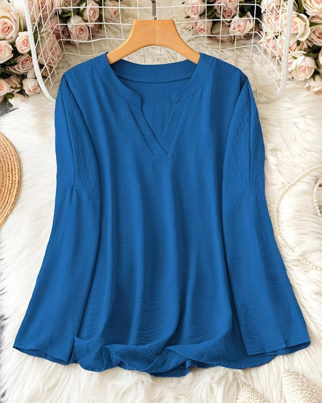 Notched Long Sleeve Casual Blouse