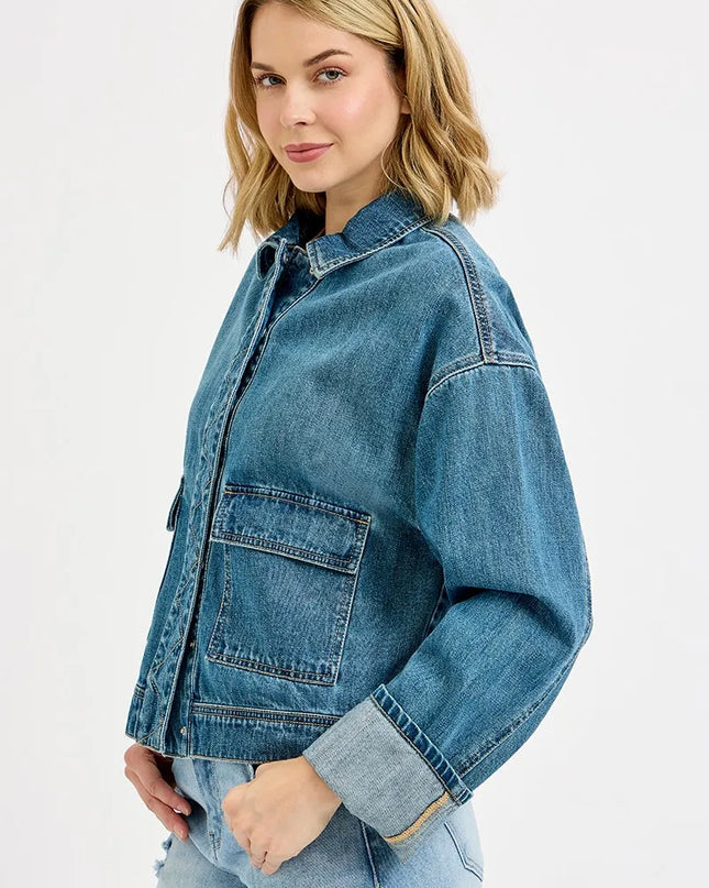 RISEN Oversized Cargo Pocket Denim Jacket with Cuffed Sleeves