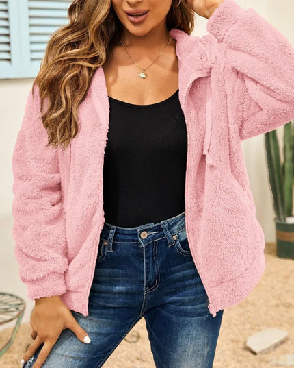 Drawstring Zip Up Hooded Plush Jacket