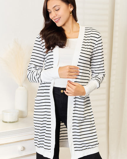Double Take Striped Open Front Longline Cardigan