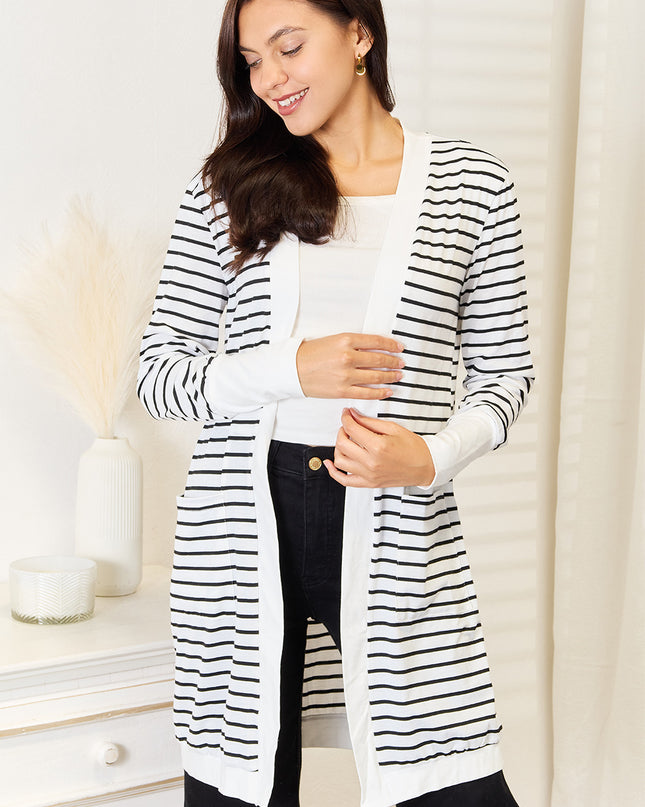 Double Take Striped Open Front Longline Cardigan
