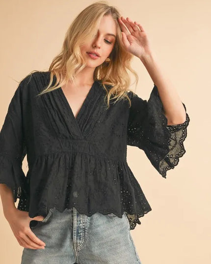 Aemi+Co Flounce Sleeve Eyelet Peplum Top BLACK