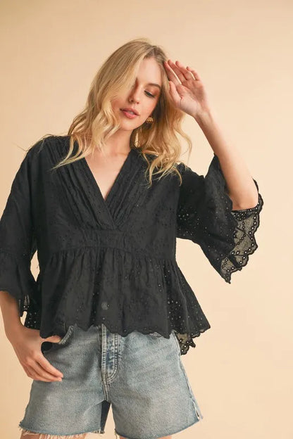 Aemi+Co Flounce Sleeve Eyelet Peplum Top BLACK